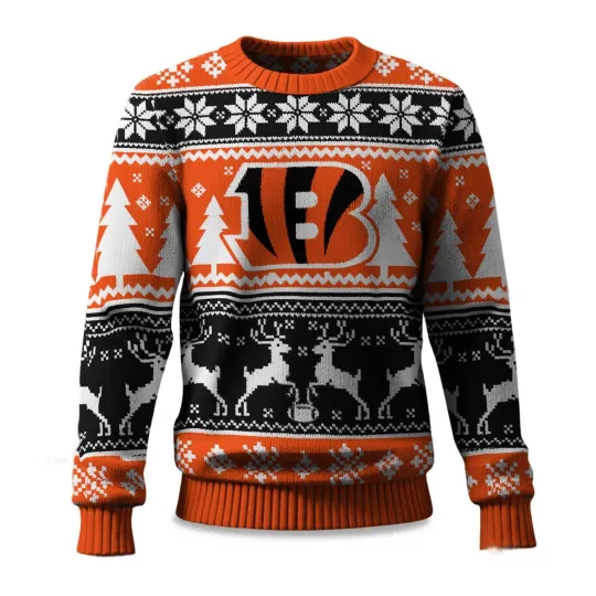 Discover 2025 Christmas Bengals Reindeer Football Ugly Sweater