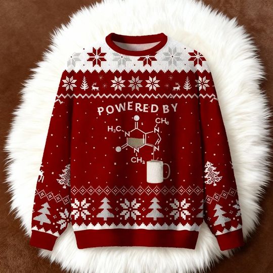 Powered Caffeine Ugly Christmas Sweater, Coffee Lover Sweatshirt, Chemistry Xmas Jumper, Funny Gift For Scientist, Caffeine Molecule Shirt
