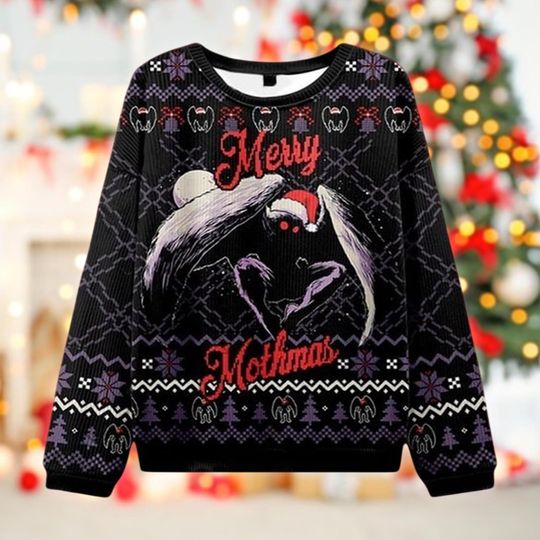 Mothman Ugly Christmas Sweater, Merry Mothmas Cryptid Sweatshirt, Funny Horror Holiday Jumper, Weird Xmas Gift Idea