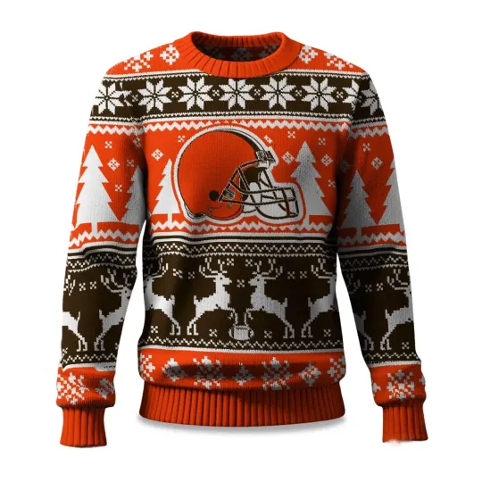 Discover 2025 Christmas Browns Reindeer Football Ugly Sweater