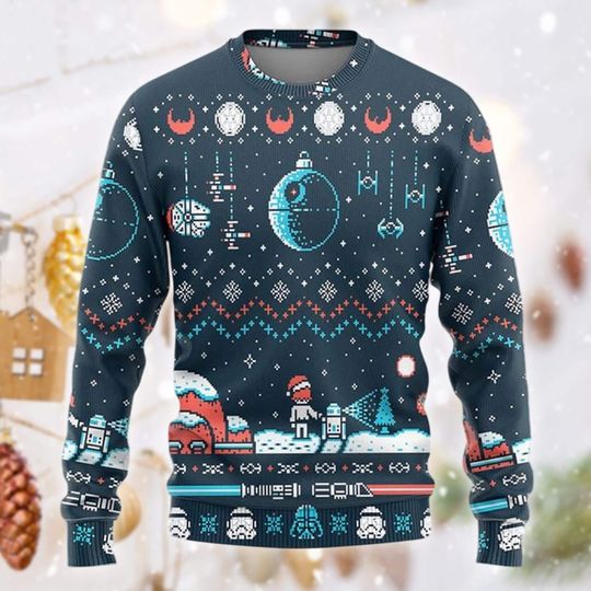Discover Pixel Galaxy Ugly Christmas Sweater, Space Opera Holiday Jumper, Death Planet Ornament Gift, Sci-Fi Starship Crewneck