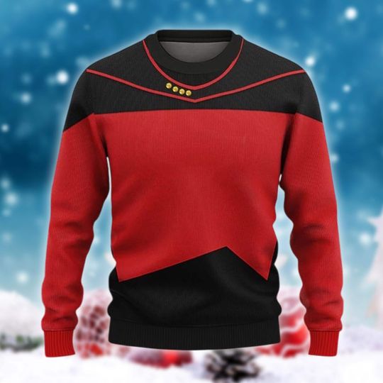 Discover Sci-Fi Captain Uniform Christmas Sweater, Red Black Space Jumper, Starship Crew Cosplay Gift, Commander Look Crewneck