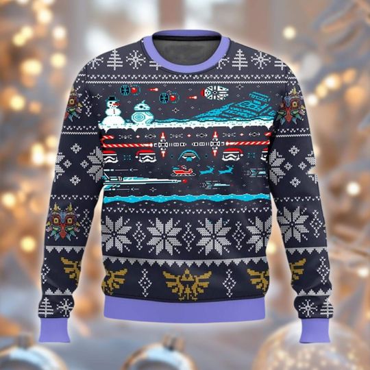 Discover Sci-Fi Fantasy Ugly Christmas Sweater, Funny Holiday Jumper, Nerdy Christmas Gift, Snowman Robot Spacecraft Knitted Crewneck
