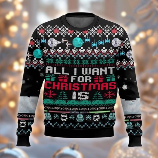 Discover All I Want Christmas Sweater, Funny Space Opera Holiday Jumper, Nerdy Xmas Gift, Sci-Fi Spaceships Crewneck Sweatshirt