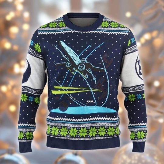 Discover Sci-Fi Spaceship Ugly Christmas Sweater, Space Fighter Holiday Jumper, Nerdy Xmas Gift, Galaxy Battle Scene Crewneck