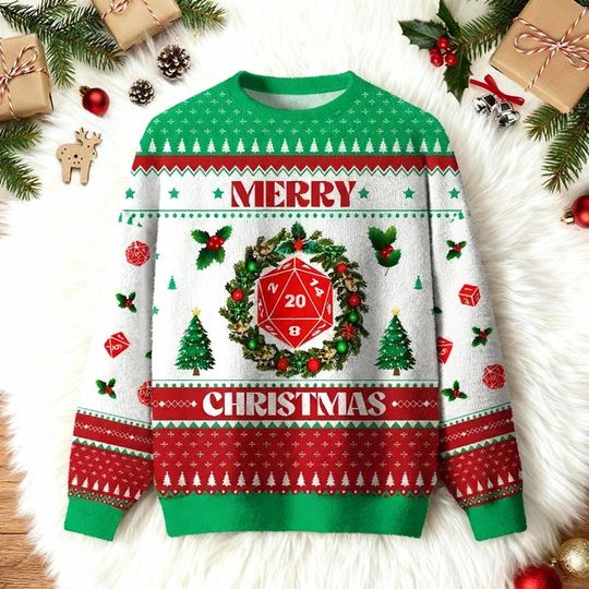 Discover Merry Twenty-Sided Die Christmas Ugly Sweater, Fantasy RPG Dice Holiday Sweatshirt, Funny Gamer Gift, Quest Master Xmas Jumper