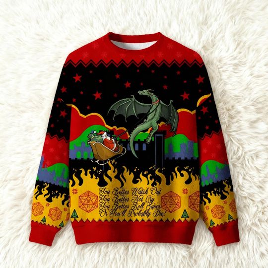 Discover Roll Saves Or Die Ugly Christmas Sweater, Dragon Fantasy Game Holiday Sweatshirt, Funny RPG Gamer Gift, Dice Xmas Jumper, Quest Master Shirt
