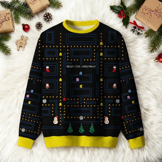 Discover Ready For Christmas Ugly Sweater, Dot Eater Maze Holiday Sweatshirt, Retro Gamer Xmas Jumper, Funny Gift For 80s Kid, Arcade Game Shirt
