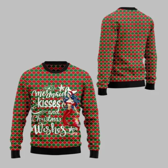 Discover 2025 Christmas Mermaid Kisses And Christmas Wishes Ugly Christmas Sweater