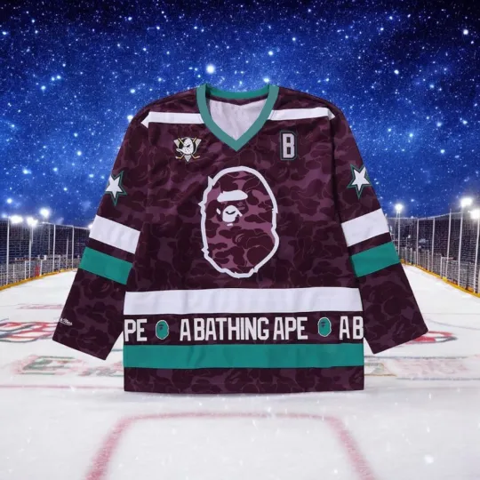 Personalized Anaheim Ducks x BAPE Purple Hockey Shirt Youth Size All Printed