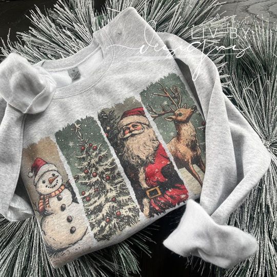 Discover Vintage Christmas Crewneck Sweatshirt | Gildan Sublimated Holiday Pullover | Retro Santa Sweater | Cozy Christmas Gift Sweatshirt