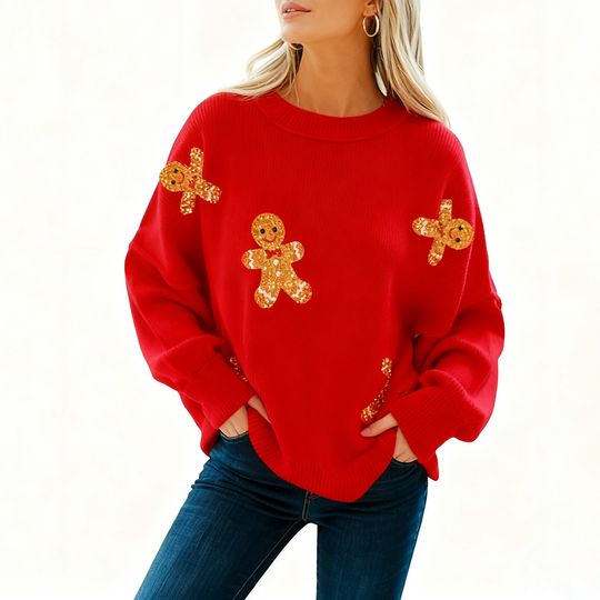 Discover Women Christmas Sequin Knit Sweaters Loose Pullover Sweater Long Sleeve Crew Neck Top Funny Graphic Xmas Knitwear