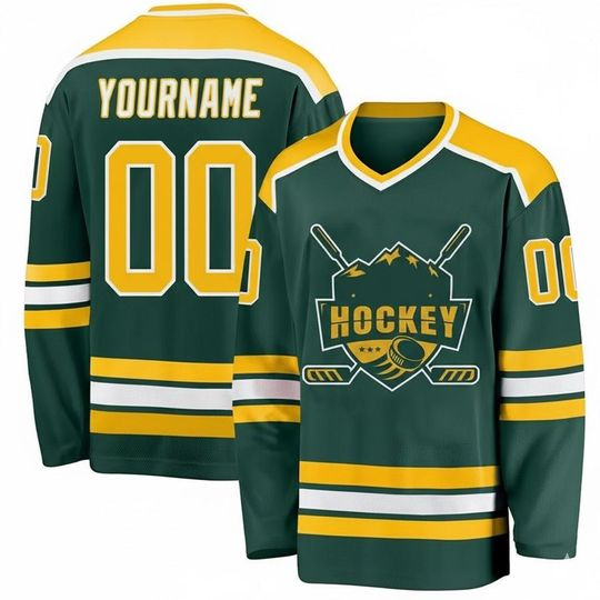 Discover Custom Forest Green & Gold Hockey Jersey with Personalized Name & Number