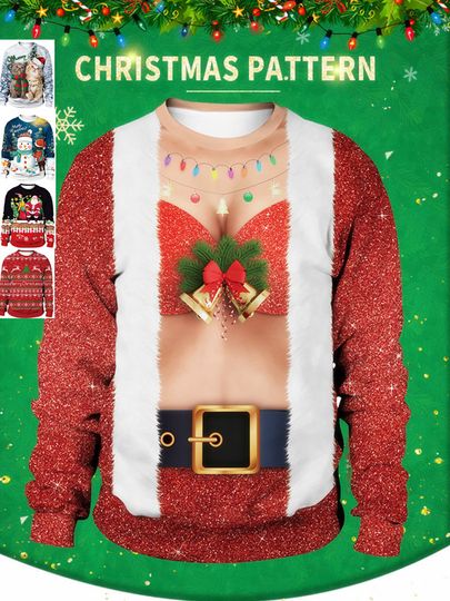 Discover Ugly Christmas Sweatshirt for Women Christma Vintag Santa Sweatshirts Men Merry Christmas 3d Printed Pullover Oversize Red 2xl