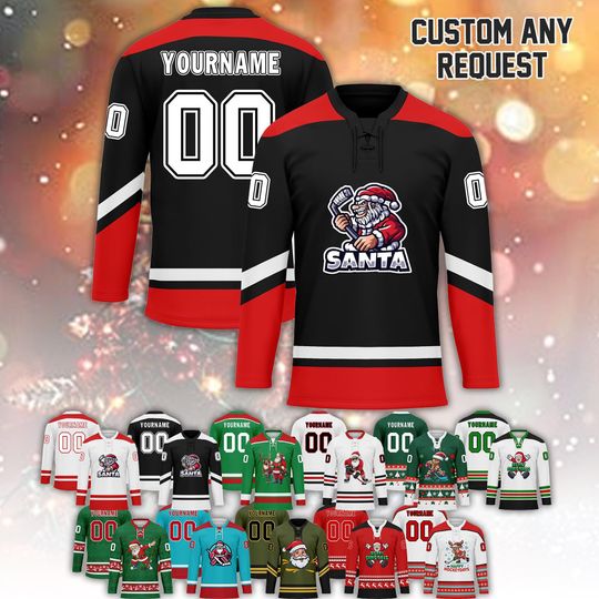 Discover Christmas Hockey Jersey with Santa, Custom Name & Number, Long Sleeve Ice Hockey