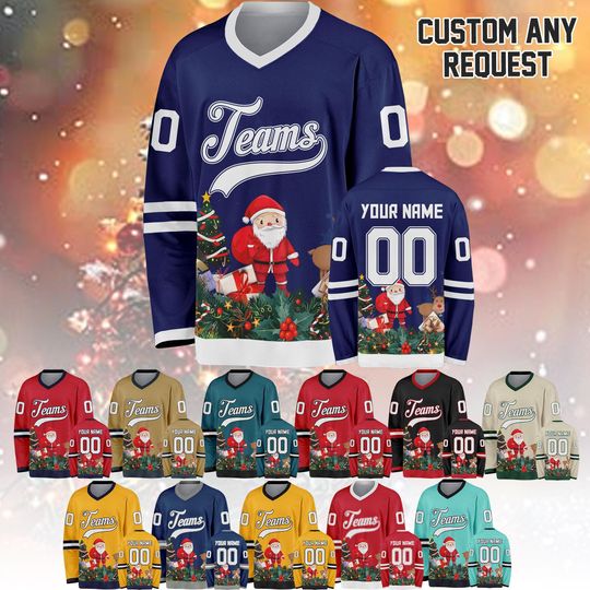 Discover Custom Christmas Hockey Jersey with Santa Claus Personalized Name and Number Team Shirt