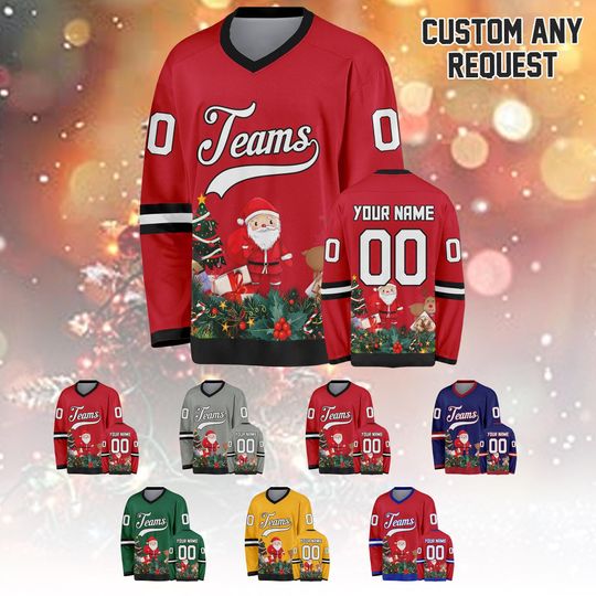 Discover Custom Christmas Hockey Jersey with Santa Claus Personalized Name and Number Men Women Youth