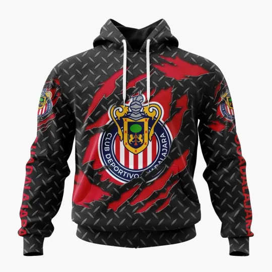 Discover Personalized LIGA MX Chivas Guadalajara Black Metal Hoodie Men's Fan Gear Gift