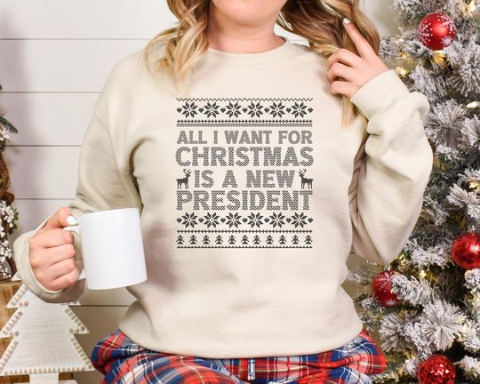 Discover All I Want for Christmas Is a New President Shirt, Subtle FDT Sweatshirt, Sarcastic Holiday Tee, Funny Ugly Pattern Hoodie