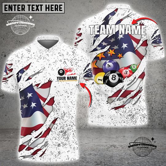 Discover Personalized Billiards USA Flag Player 3D Shirt, Grunge Patriotic Billiard Polo for Men, Gift Idea for Pool Players