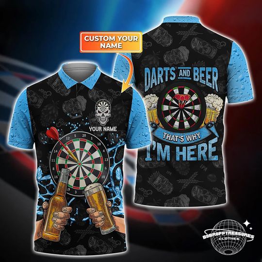 Discover Personalized Name Dart Polo Shirt, Blue 3D Over Print Beer Design, Custom Team Shirt for Men, Gift for Darts Players