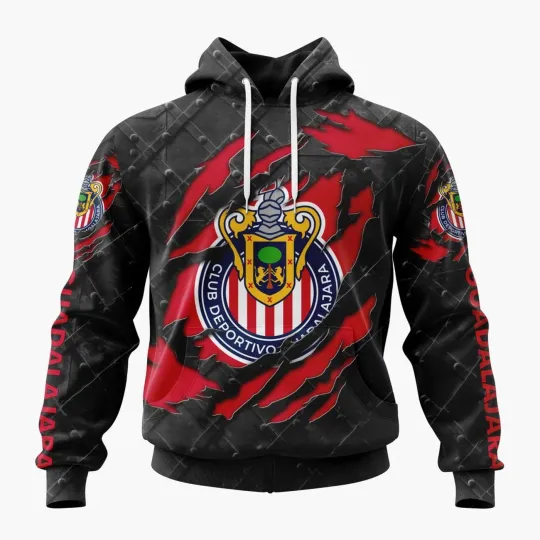 Discover Personalize LIGA MX Chivas Guadalajara Black Metal Hoodie Pullover Fan Gear Gift