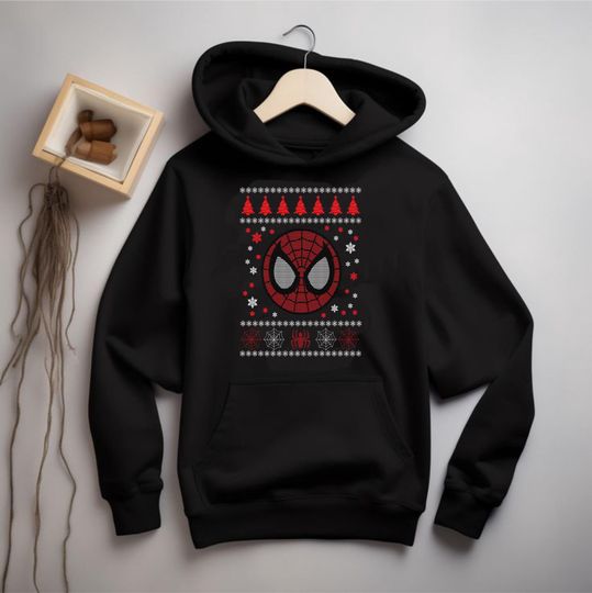 Spiderman Christmas Hoodie, Superhero Funny & Festive Pullover, Spread Holiday Cheer Top, Unisex Adult Kids Hood Top