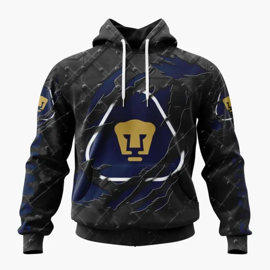 Discover Personalized LIGA MX Pumas UNAM Black Metal Hoodie Pullover Unisex Fan Gear Gift