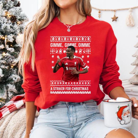 Discover Liverpool Isak Ugly Xmas Sweatshirt, Gimme Gimme A Sticker From Christmas Sweater, Red Fans Christmas Gifts, Christmas Football Lover Shirts