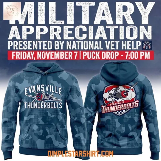 Discover Evansville Thunderbolts Military Appreciation Night 2025 Hoodie Shirt Fan Gear