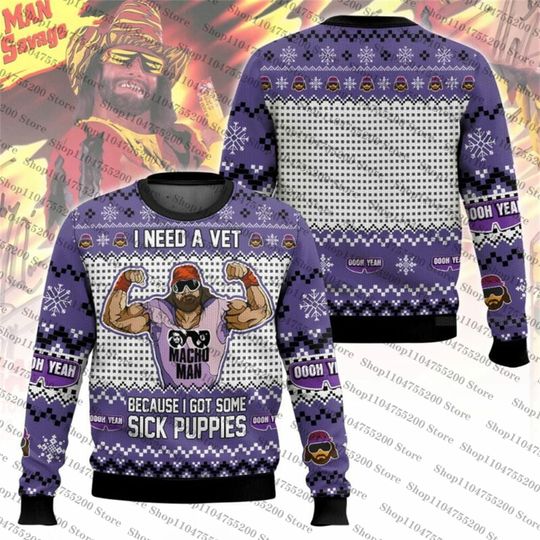 Discover Sick Puppies Macho Man Ugly Christmas Sweater Holiday Sweatshirt Men Women Pullover Xmas Santa 2026 New Hot Sale Top Round Neck