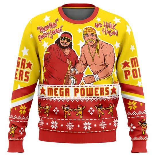 Mega Powers Macho Man and Hulk Hogan Ugly Christmas Sweater Funny Holiday Party Pullover Plus Szie Sweater for Men Xmas Gift