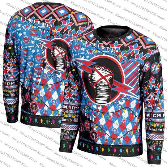 Ugly Christmas Sweater Blue Red Unisex CM Punk Holiday Sweater Wrestling Sports Cool Winter 2026 New Sweatshirt Ideas Pullover