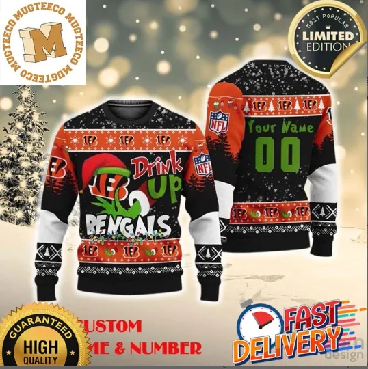 Discover Custom funny character Drink Up Bengals Christmas Ugly Sweater