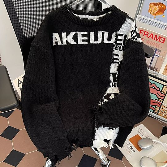 Discover Autumn Winter Letter Design Hole Men's Sweater   Vintage Color Block Christmas Sweater Male Pullover Hip-Hop Streetwear