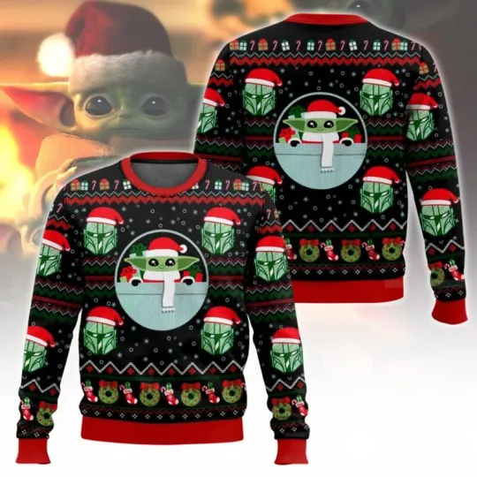 Cute Green Alien And Mandalorian Star Wars Ugly Christmas Sweater