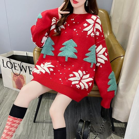 Discover Red Christmas Sweater Women's Lazy Style Loose Outerwear Korean Version Autumn Winter Thickened Fashionable Thickened Top