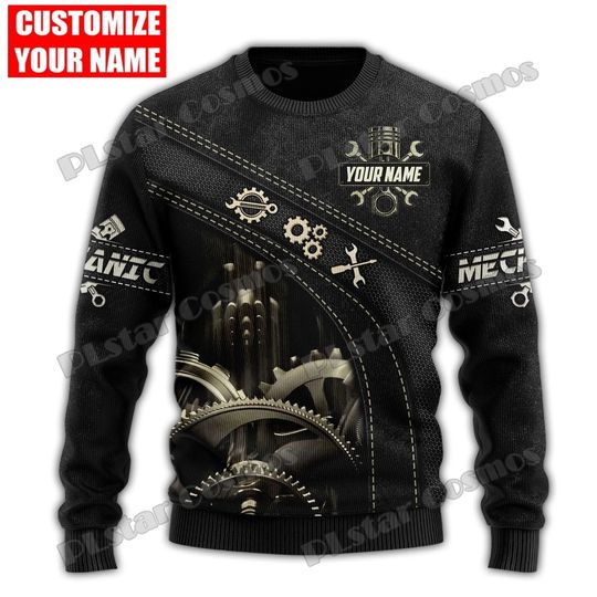 Discover Personalized Name Mechanic Pattern 3D Printed Fashion Men's Ugly Christmas Sweater Winter Unisex Casual Knitwear Pullover MYY48