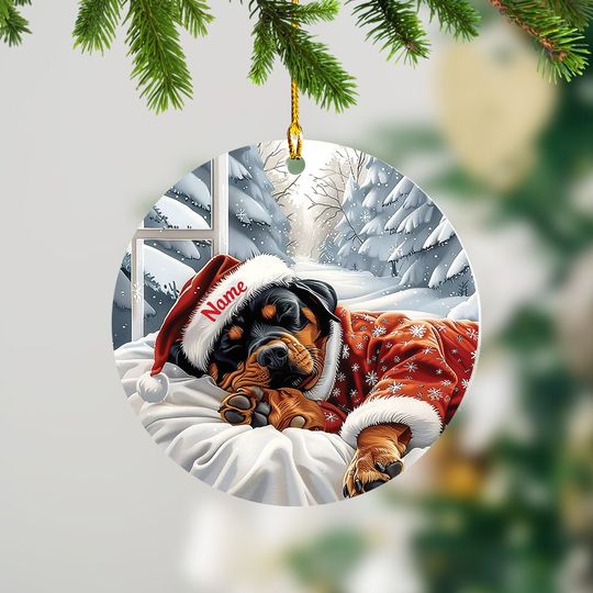 Rottweiler Dog Christmas Ornament, Rottweiler Dog Sleeping Ornament, Rottweiler Dog Ceramic Ornament Decor, Dog Lovers Xmas Gift