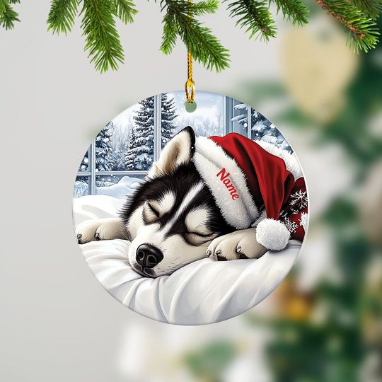 Discover Lovely Siberian Husky Dog Christmas Ornament, Siberian Husky Dog Sleeping Ornament, Husky Dog Ceramic Ornament Decor, Dog Lovers Xmas Gift