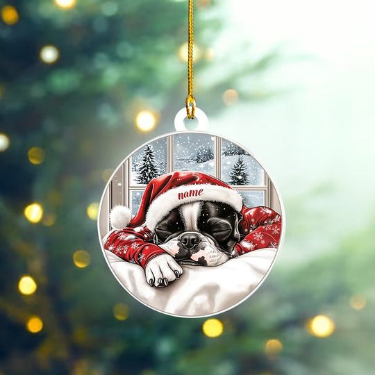Boston Terrier Dog Christmas Ornament, Boston Terrier Dog Sleeping Ornament, Boston Terrier Dog Ceramic Ornament Decor, Dog Lovers Xmas Gift