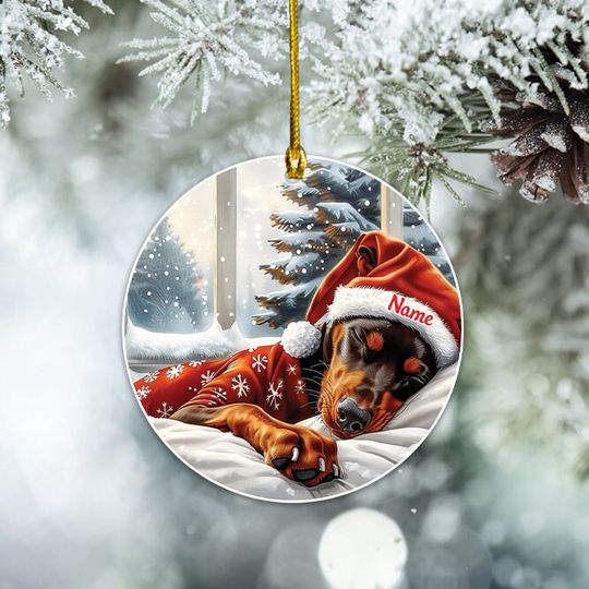 Doberman Pinscher Dog Christmas Ornament, Doberman Pinscher Dog Sleeping Ornament, Dobermann Dog Ceramic Ornament Decor, Dog Lovers Xmas Gift