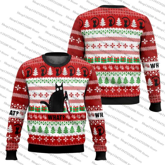 What Black Cat Ugly Christmas Sweater Holiday Sweatshirt Men Women Pullover Xmas Santa 2026 Hot Sale Top Round Neck Long Sleeve