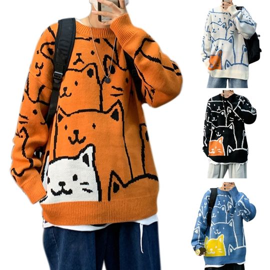 Discover Men Long Sleeve Sweater Harajuku Cartoon Cat Printed Pullover Top Hip-Hop Oversized Loose  Round Neck Streetwear