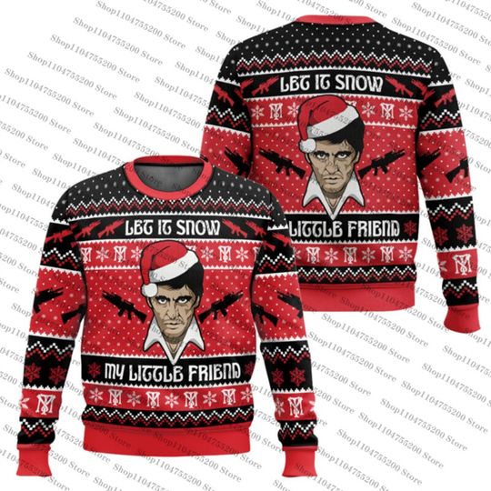 Let It Snow Scarface Christmas Sweater Ugly Men's Holiday Sweater Pullover Santa Claus 2026 New Big Discount Round Neck Top