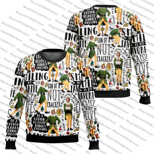 Discover Fun Christmas Smiling Elf Holiday Sweater Ugly Christmas Sweater Winter Round Neck Sweatshirt Print Pullover Classic Jumper