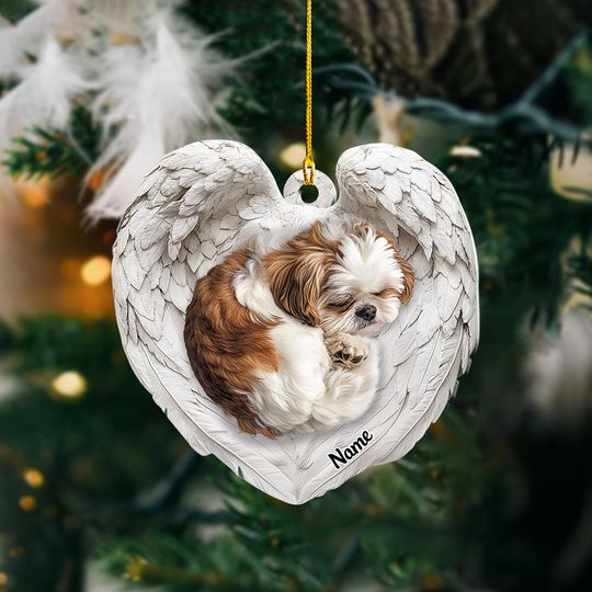 Discover Personalized Shih Tzu Dog Sleeping Angel Wings Ornament, Dog Christmas Ornament, Dog Car Ornament, Gift For Pet Lover ID-1014-UOUN