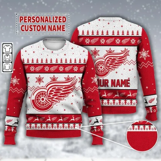 Discover Custom Name Detroit Red Wing Ice Hockey Ugly Christmas Sweater