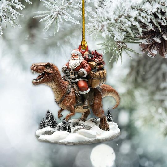 Discover Santa Claus Riding Dinosaur Christmas Ornament, T-Rex Ornament, Dinosaur Holiday Ornament Gift, Dinosaur Hanging Ornament Decor