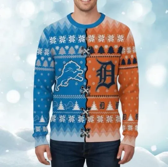 Discover Personalized 2025 Tigers X Lions Ugly Christmas Sweater